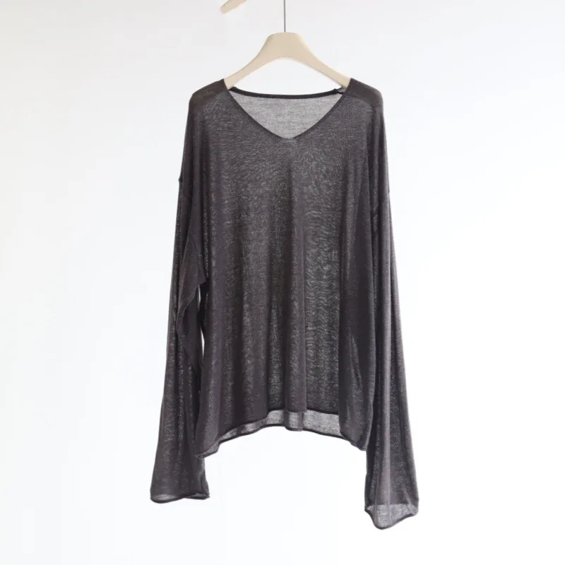 Linen Knitted Long Sleeve V-Neck Loose Casual Top Cover up Spring Summer Sun Protection Air Conditioning Women's Fashion