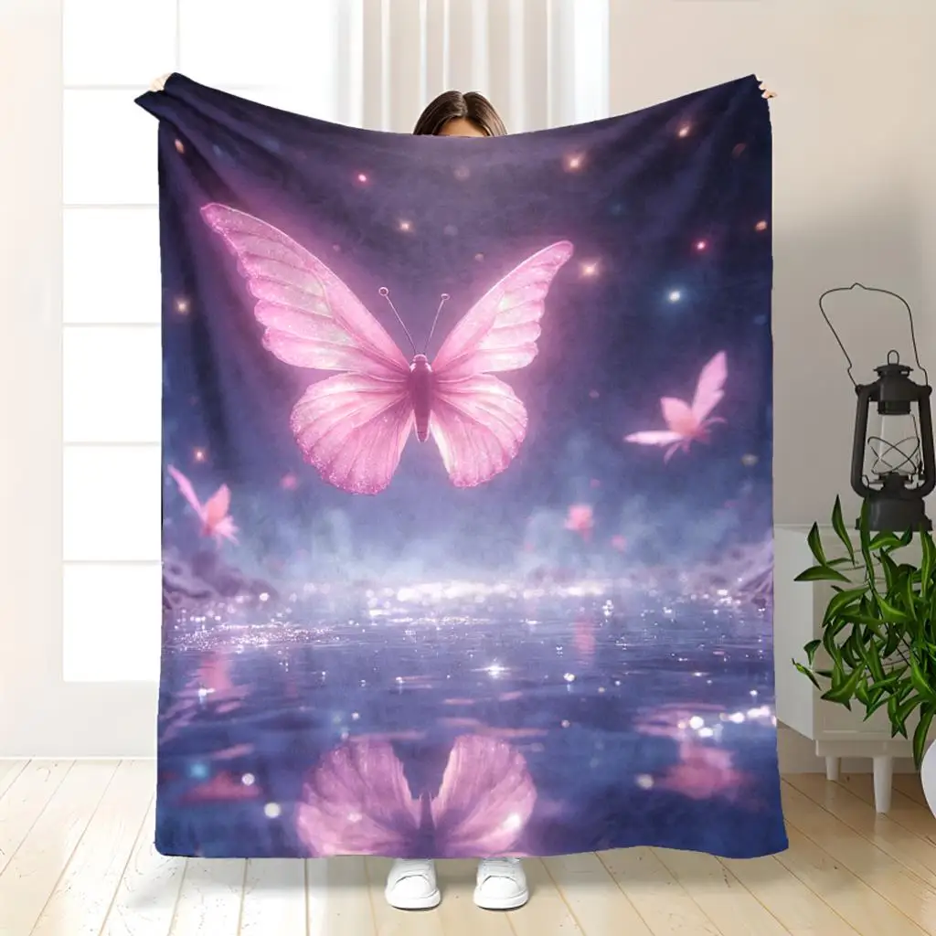 Pink Butterfly Galaxy Blanket Fantasy Art Cosmic Sky Water Reflection Fleece Throw Dreamy Decor Gift for Women Home Bedroom Cozy
