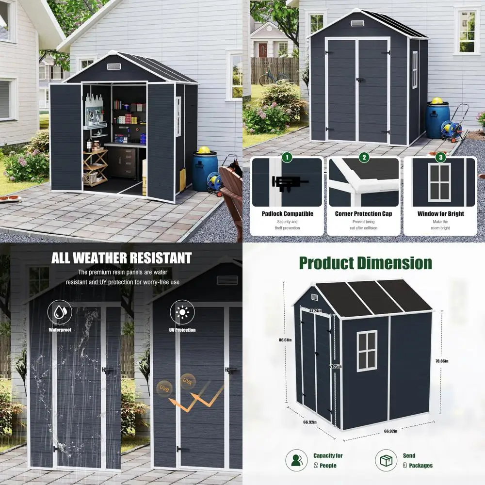 

Наружный сарай из смолы длиной 6x6 футов с наполом, окном, запираемыми дверями, вентиляционными отверстиями и полипропиленовой доской толщиной 12 мм для инструментов