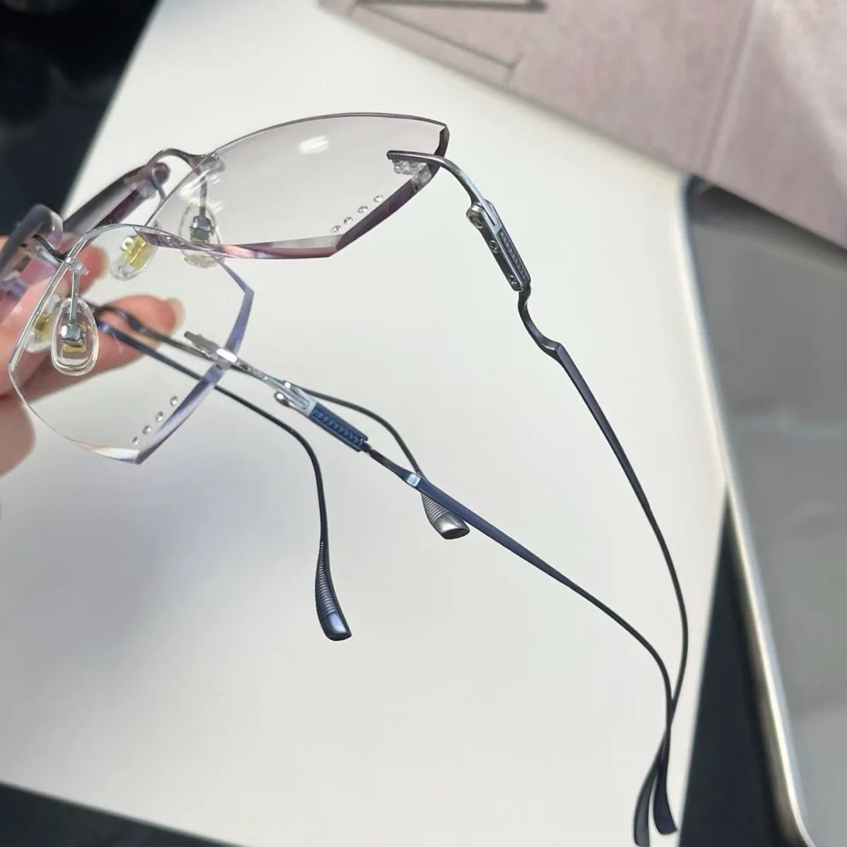 Reading Glasses Anti Blue Light Men Titanium Rimless Silver Blue / Silver Grey Ultra Light Comfortable Flexible Eyeglasses