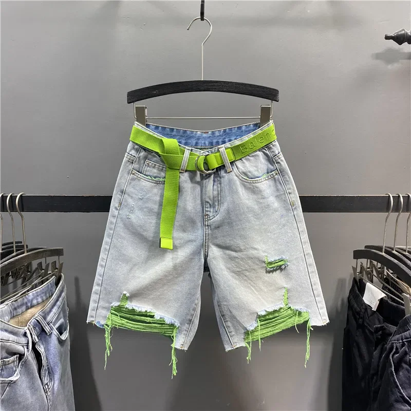 Y2K Purple Liner Distressed Denim Bermuda Shorts With Belt Ripped Frayed Hem High Waist Loose Wide Leg Jean Shorts Women view 3