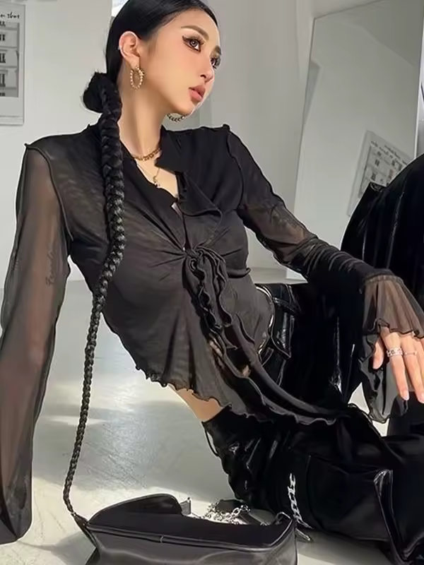 Long Flare Sleeve Blouses for Women Lace-up Mesh Sexy Sweet Hot Girls Korean Fashion Style All-match Solid Design Elegant Casual - Image 6