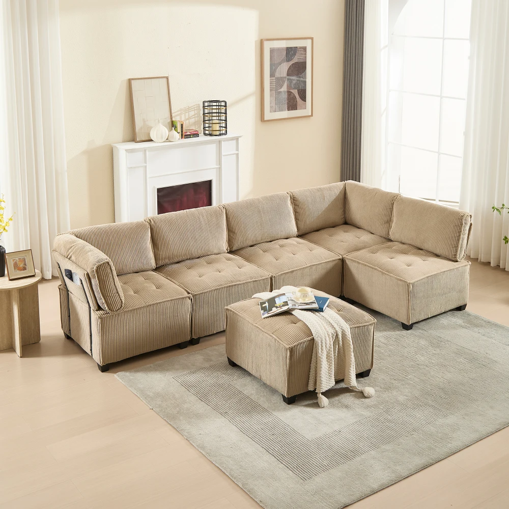 Sofa Modulares 6-Sitzer-Sofa, Kordelstoff, ergonomisch, Aufbewahrungstaschen, flexibel kombiniert als U-Form/L-Form/Sofabett – Detail 29