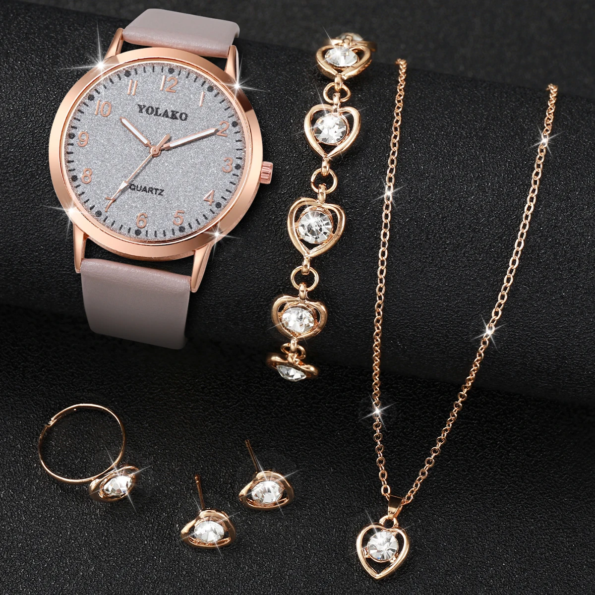 6PCS/Set Fashion Arabic Dial Women Watches Casual Leather Band Analog Quartz Watch Rhinestone Heart Jewelry Set（Without B