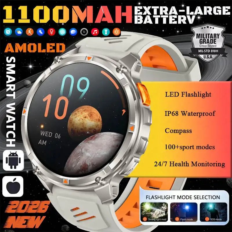 

New Men 1100mAh Battery Outdoor Sports Smart Watch LED Flashlight Compass IP68 Waterproof Voice assistant BT Call Smart Watch