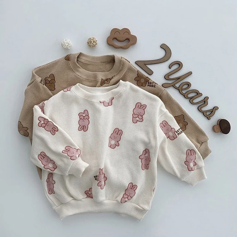 2022 Spring Kids Clothes Cotton Waffle Bear Print Suit Casual Sports Two Piece Cotton Waffle Bear Print