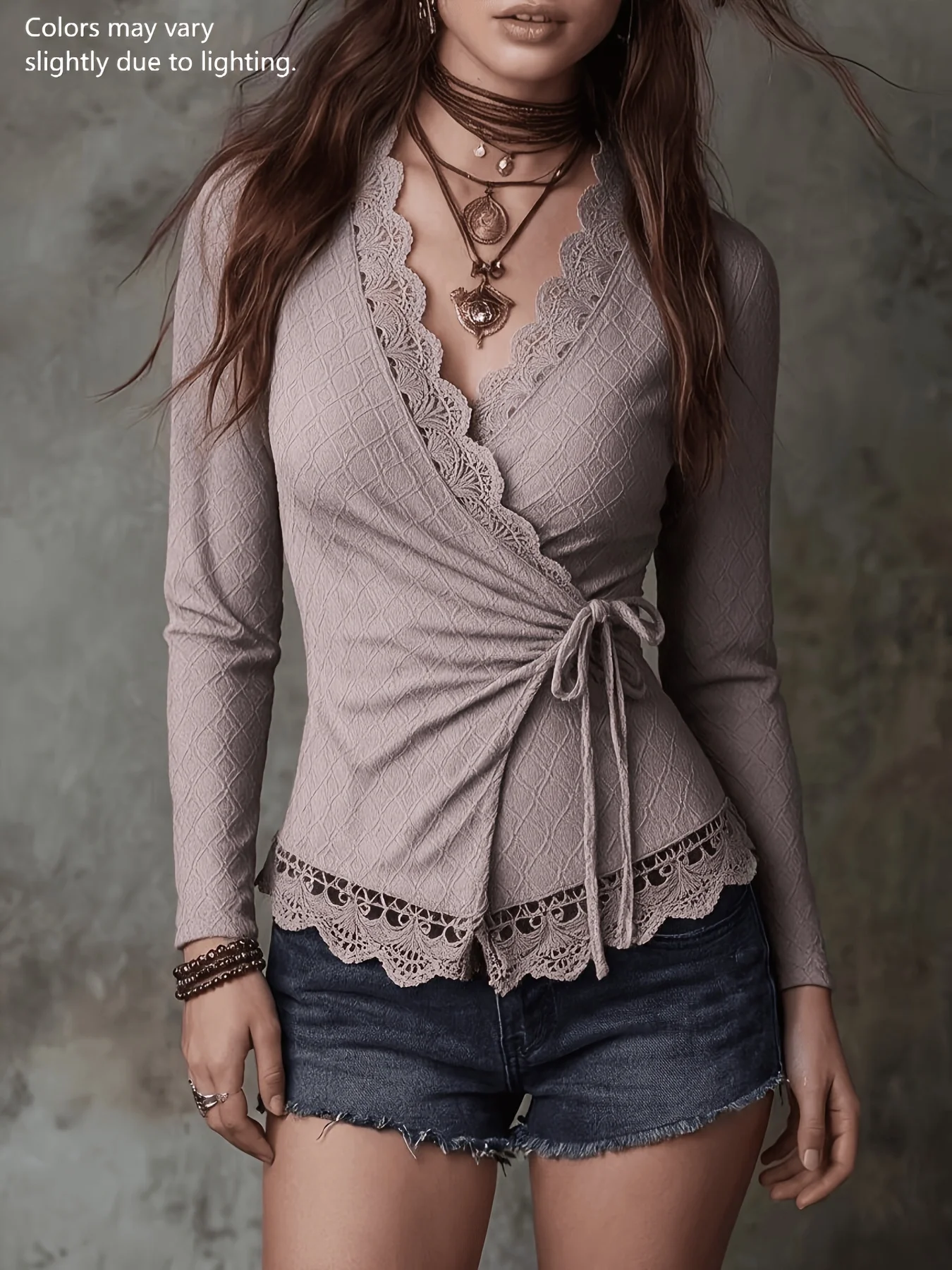 Ladies' Fashion V-Neck Lace Long-Sleeved Spring and Autumn Soft-Quality Upper Garment