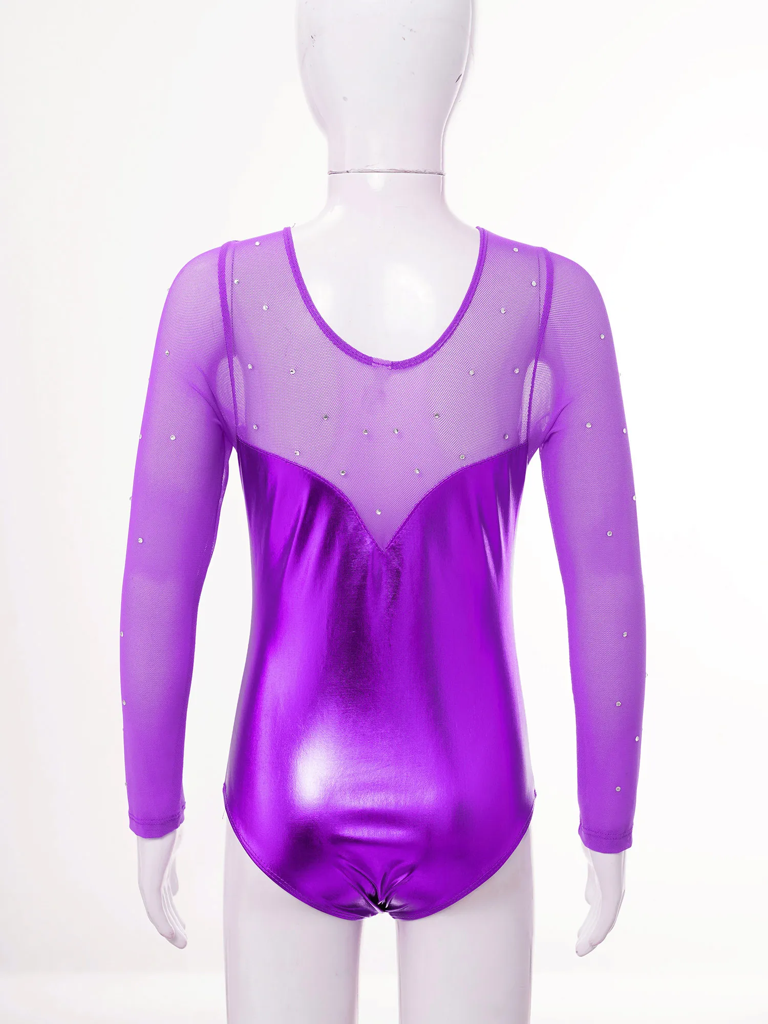 Kids Girls Long Sleeve Sequin Sheer Mesh Bodysuit Ballet Skating Rhythmic Gymnastic Acrobatics Leotard Dance Class Dancewear