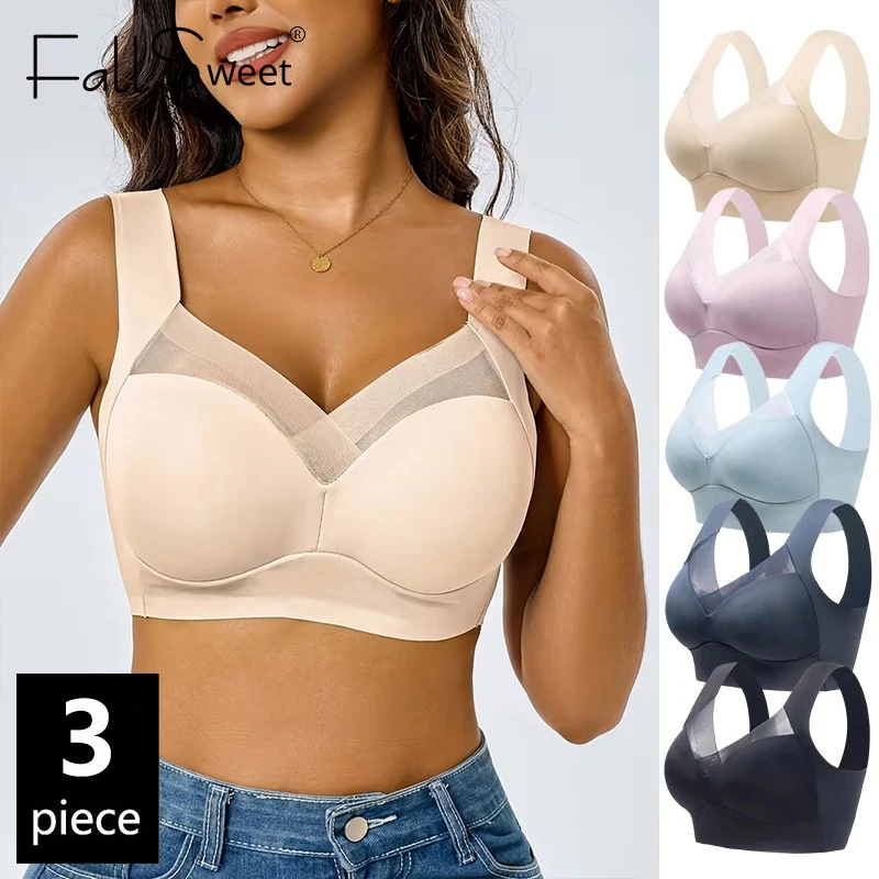 FallSweet 3-teiliger Sport-BH für Damen in Übergröße, nahtloser Spitzen-Bralette, stoßfest, kabellos, Büstenhalter mit vollem Cup, Push-Up-Weste, Unterwäsche