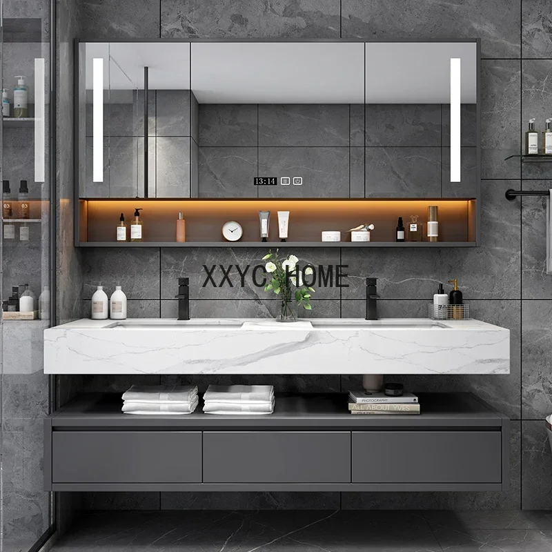 

Light Luxury Rock Panel Intelligent Solid Wood Bathroom Cabinet Combination Washbasin Sink Double Basin Bathroom Cabinet