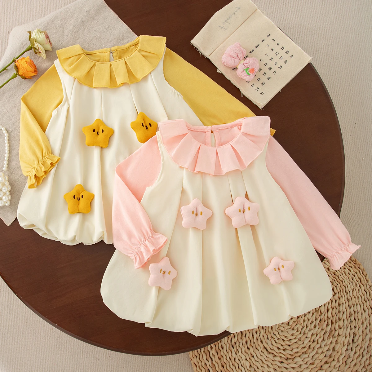 Spring Fall Toddler Girl Cute Set Ruffle Collar Long Sleeve Tops and 3D Star Decor Sleeveless Dress 2Pcs Infant Casual Clothes