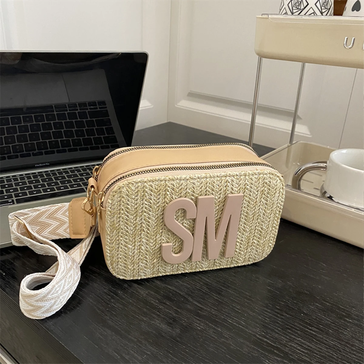 

Daily Essential Women Braided Raffia Crossbody Bag Woven Texture 3D Monogram Accent Lightweight Zip Adjustable Pattern Strap