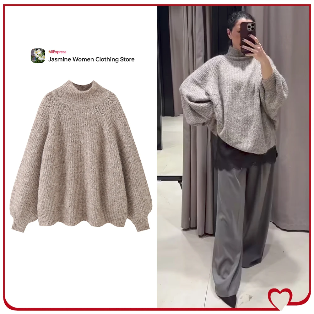 

New Gorgeous Women Taupe Brown Wide Sleeve Knit Jumper Elegant Chic High-neck Pullovers with Wide Puffed Sleeves and Cuffed Ends