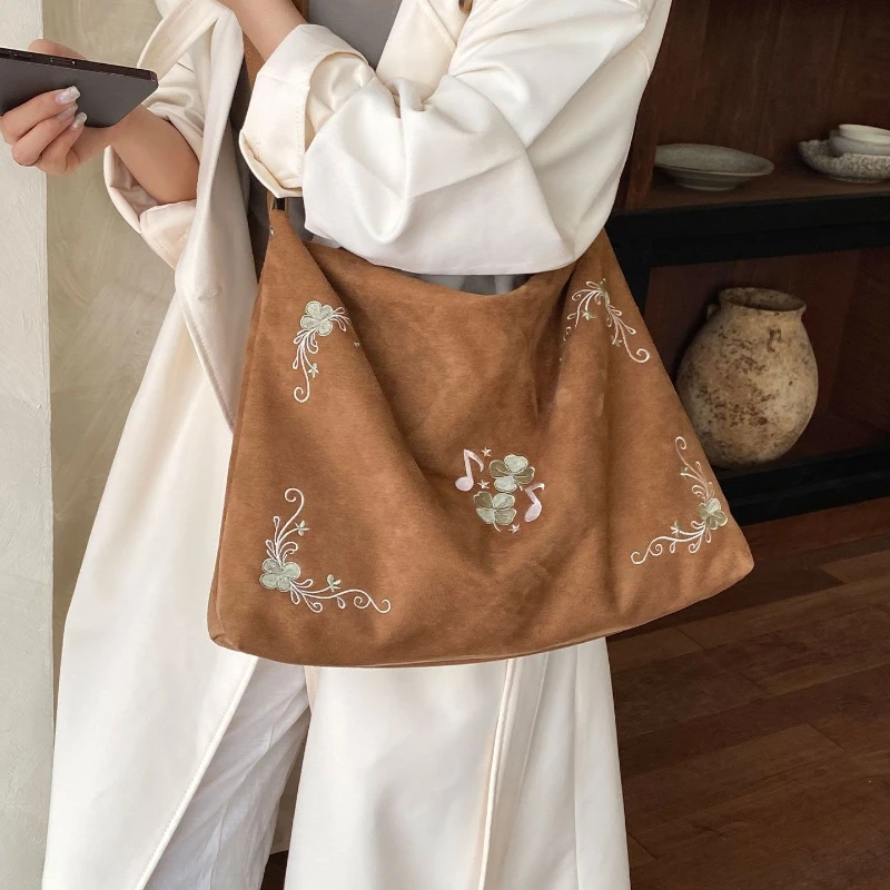 Maillard Retro Tote Bag Women Flower Music Note Embroidery Texture Package Big Capacity One Shoulder Pack Portable Commuter Bags