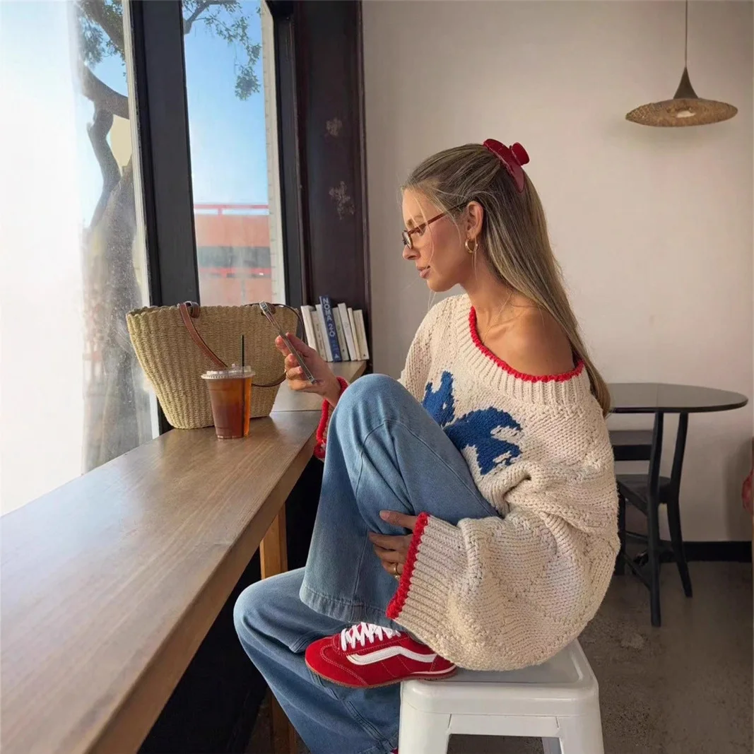 2025 Otoño e Invierno nueva moda Retro contraste Jacquard diseño tejido suelto Casual suéter mujer ropa Tops de manga larga