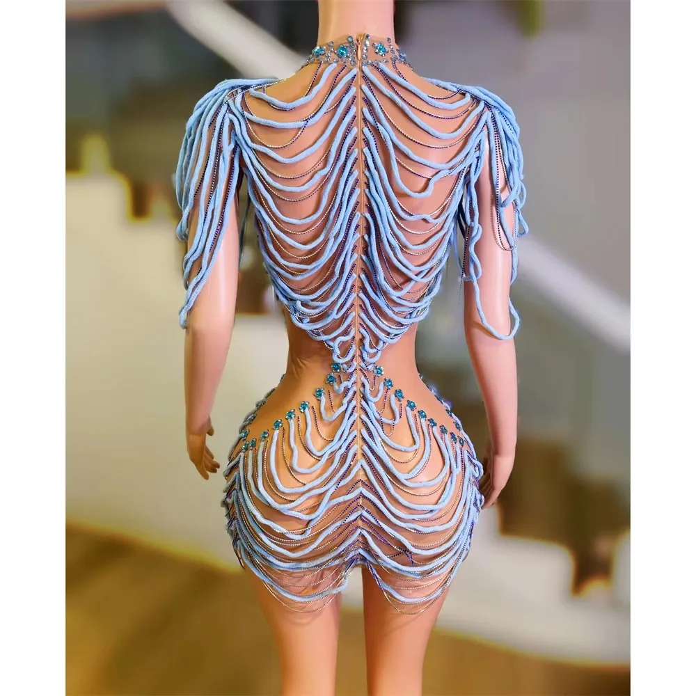 Sexy Rhinestone Chains Short Dress for Women Transparent Crystal Mesh Bar Singer Stage Performance Costume Nightclub Party Celeb