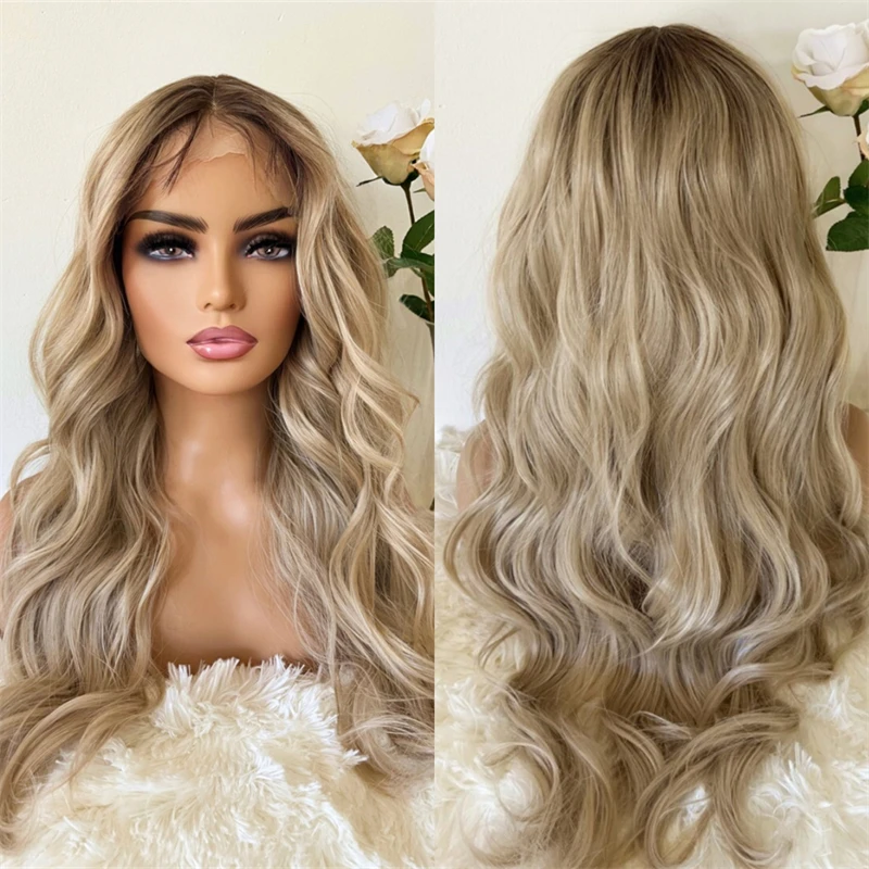 Ombre Dirty Blonde Synthetic Pre Plucked Glueless HD Lace Front Wigs Preplucked Hairline with Baby Hair 28 Inch Long Body Wave