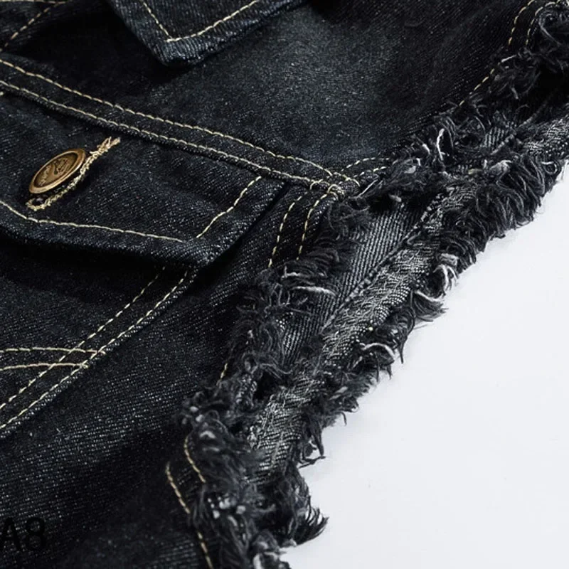 Nova primavera outono design vintage colete jeans masculino preto sem mangas jaquetas buraco jeans marca colete 6xl,