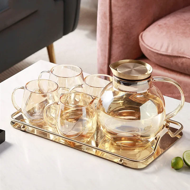 Afternoon Tea Cup Pot Set Living Room 450ml Glass Cup Home Use 1800ml Flower Tea Kettle Amber Teaware 5 Piece Set with Tray