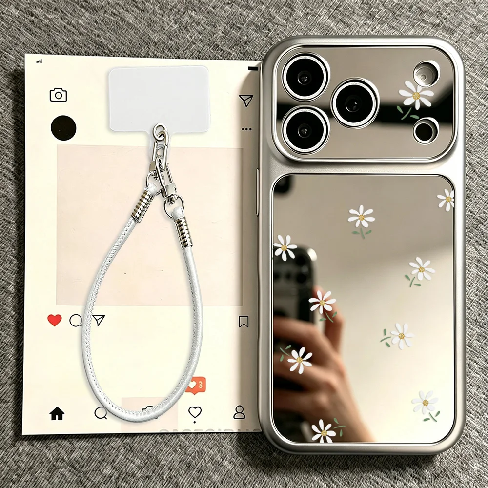 Coque de téléphone avec miroir de maquillage motif herbe verte pour iPhone 18 Pro Max 17 16 15 14 13 12 11 18Pro, coque antichoc avec cordon de téléphone