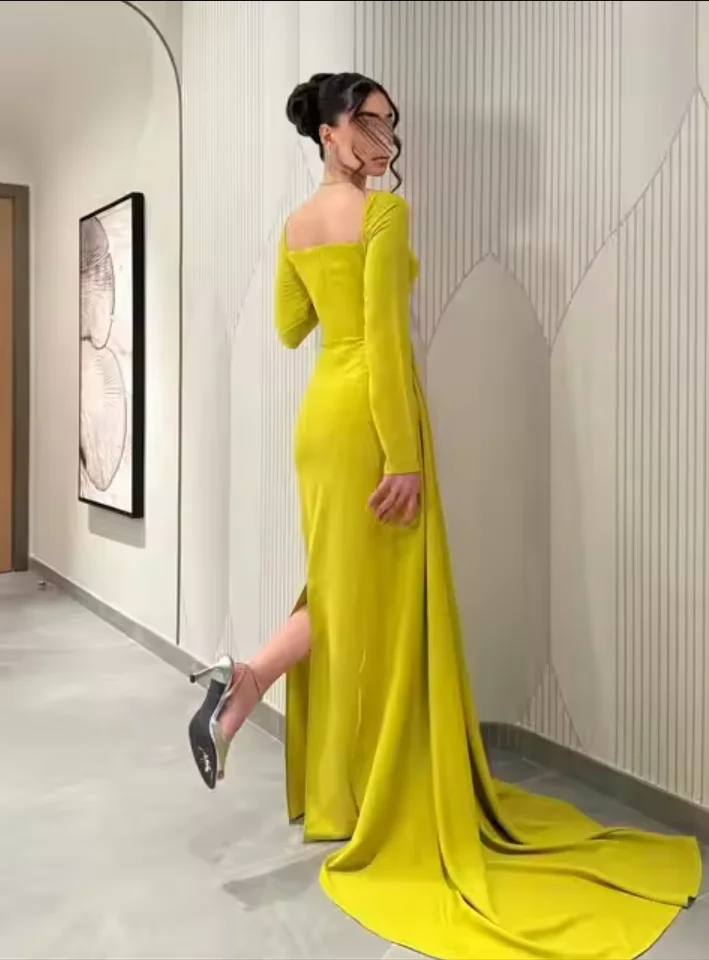 

Customized Evening Dresses Green Long Sleeves O-neck Prom Dresses Sleeveless Robes For Formal Party