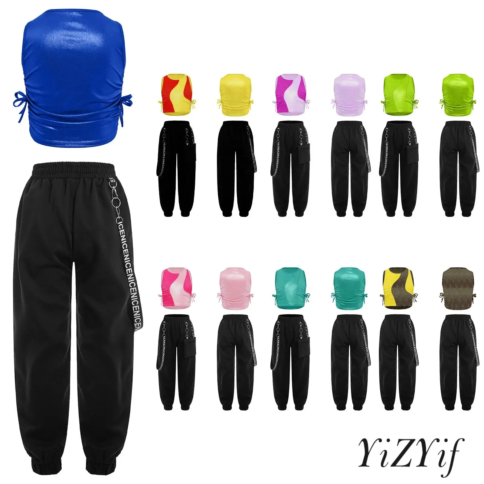 

‌Kids Girls Trendy Ruched Color Block Crop Top + Cargo Pants Set Elastic Waistband Metal Chain for Casual Jazz Dance Outfit