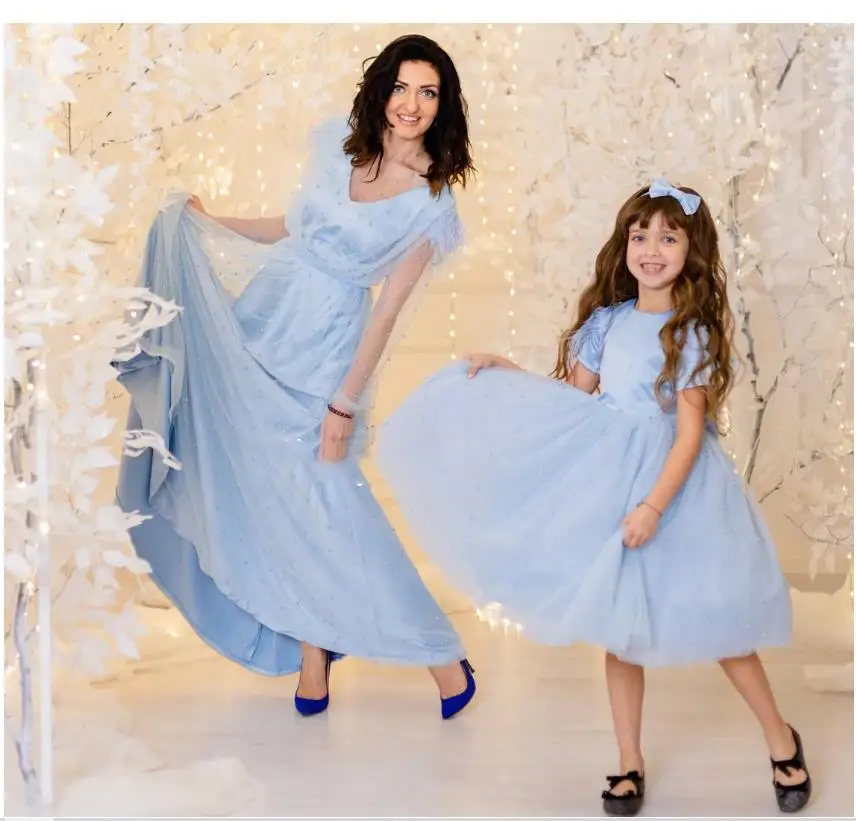 Dusty Blue Tulle with Full Peals Matching Mother Daughter Dress Wedding Guest Outfit Mommy and Me Evening Dress Princess Go