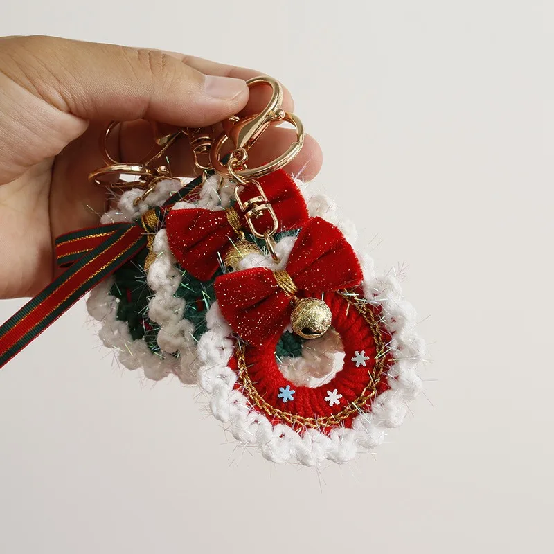 Hand Knitting Amigurumi Crochet Mini Stuffed Animal Doll Keychains Handmade Mini Crochet Wreath keychain Christmas Gift