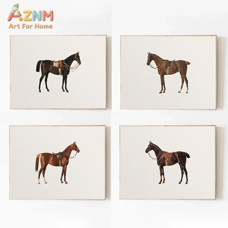 AZNM Vintage Horse Canvas Wall Art Set of 10 Equestrian Western Horse Portrait Print Poster Neutral Beige Farmhouse Living Room