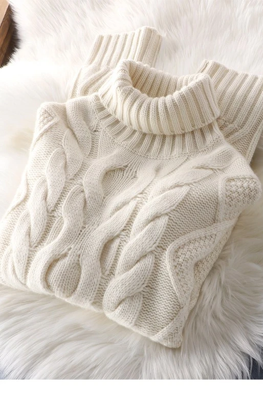 All-Cashmere Sweater Classic Cable-Knit Turtleneck Simple All-Match Women\'s Loose Below The Hip Sweater Winbter Tops Pullovers