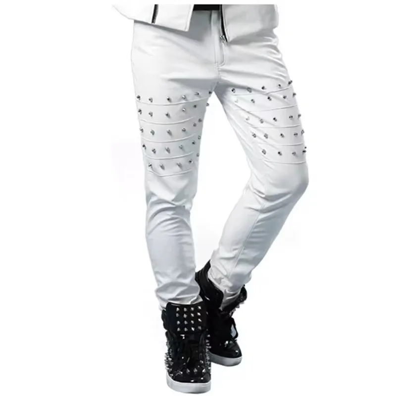 

Men's Slim Fashion Black Silver Leather Rivet Pants Rock Singer Stage Performance Slim Fit Male Costume Bar Nightclub Stage Wear