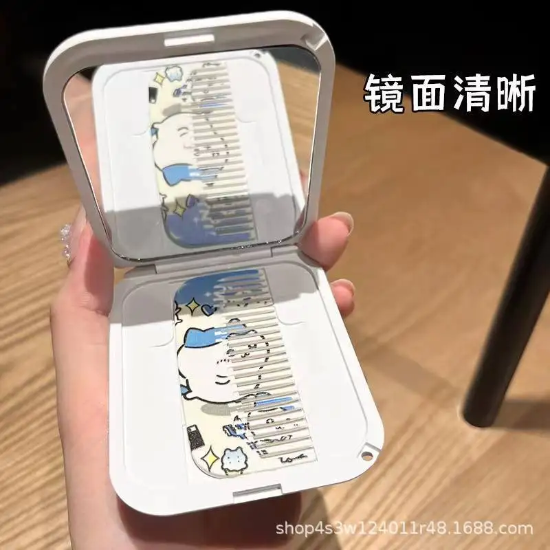 인스 애니메이션 신상 소형 사무실 거울 화장 거울 휴대용 접이식 화장 거울 빗 세트 포켓 거울 수업용 여학생 선물