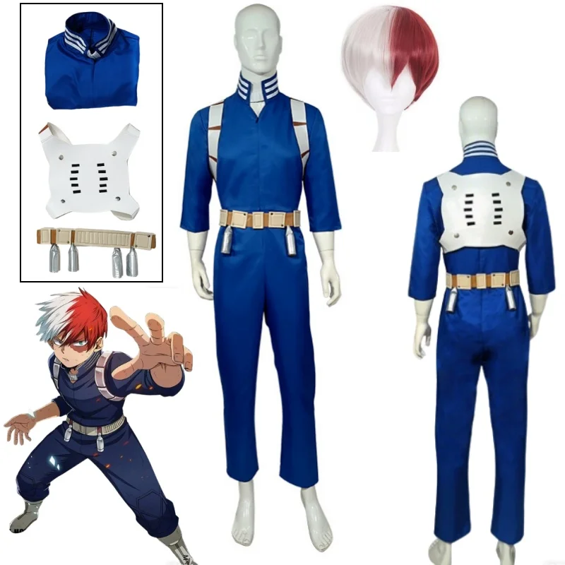 

Anime My Hero Academia Todoroki Shoto Cosplay Costume Blue Jumpsuit Wig and Clothes Props Halloween Party Roleplay Unifrom