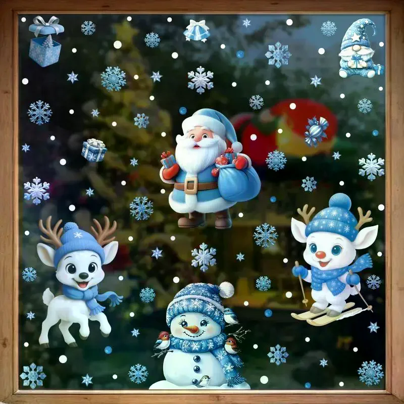 New Blue Christmas Window Clings Static Sticker Set With Bells Reindeer Santa Snowflakes Snowman For Holiday Party Decor
