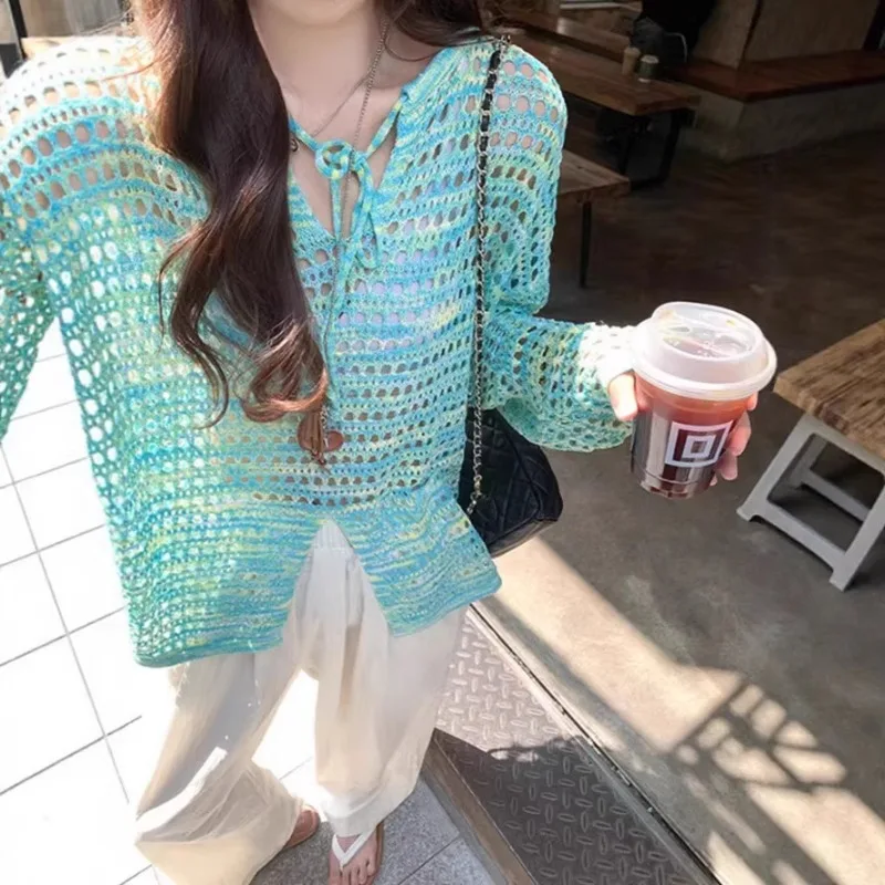 Korean Tie Dye Hollow Sunscreen Lace Up Knitted Sweater Thin Loose Long-Sleeve V-Neck Pullover Jumper Split Chic Women Beach Top