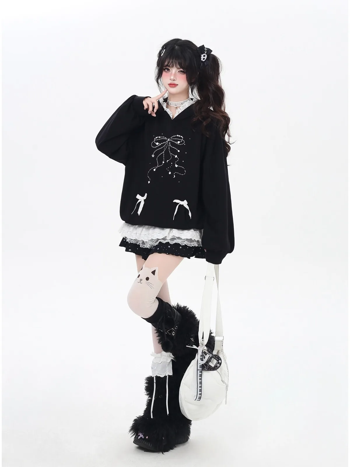 Fashion Street Sweet Cool Girl Rhinestone Bow Lace Patchwork Hoodies Long Sleeve Loose Casual Versatile Short Sweatshirts Women
