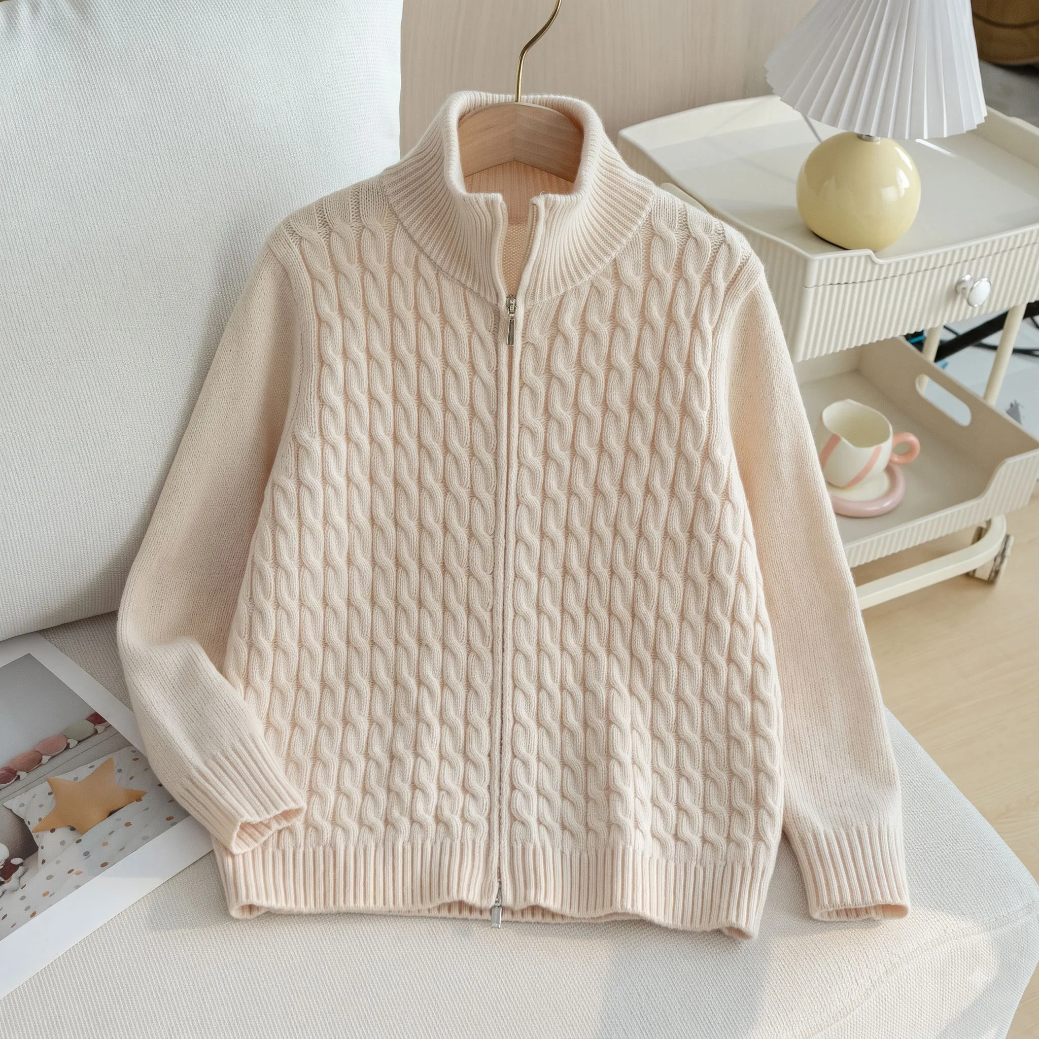 Girls simple solid color Fried Dough Twists long sleeve double zipper sweater knitted cardigan suitable for daily leisure