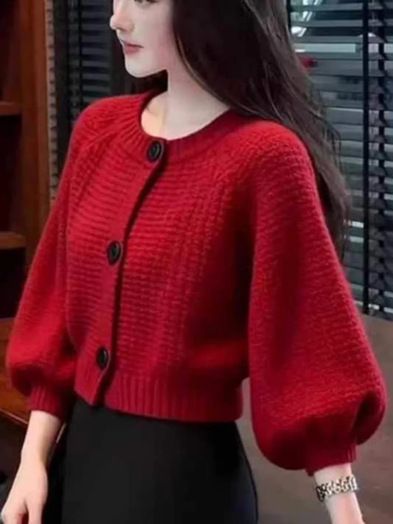 

Women's 2026 Spring Autumn Knitted Cardigan, Retro Red Open-Front Sweater Coat, Korean Fashion Design Soft Warm Outerwear j229
