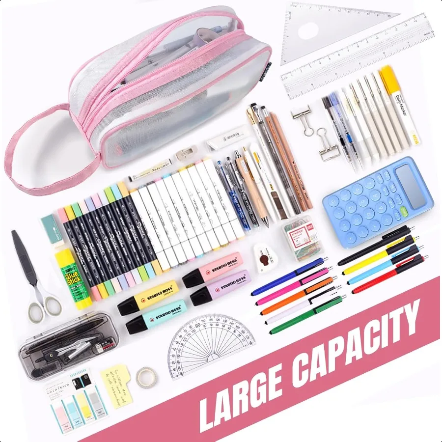 Aosbos Mesh-Federmäppchen, durchsichtiges Federmäppchen, Bleistiftbeutel, transparente Stifthaltertasche, Mehrzweck-Organizer-Box mit tragbarem Stra