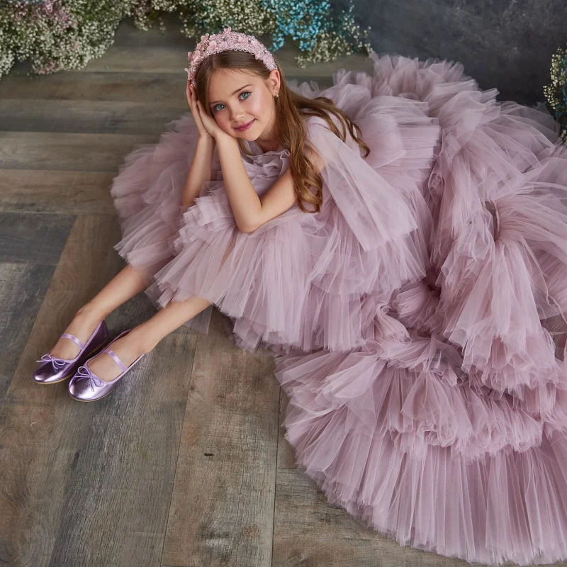 Robes de demoiselle d'honneur en tulle blanc et rose poussiéreux, à plusieurs niveaux, avec queue, pour mariage, fête d'anniversaire, banquet, princesse, quelle que soit