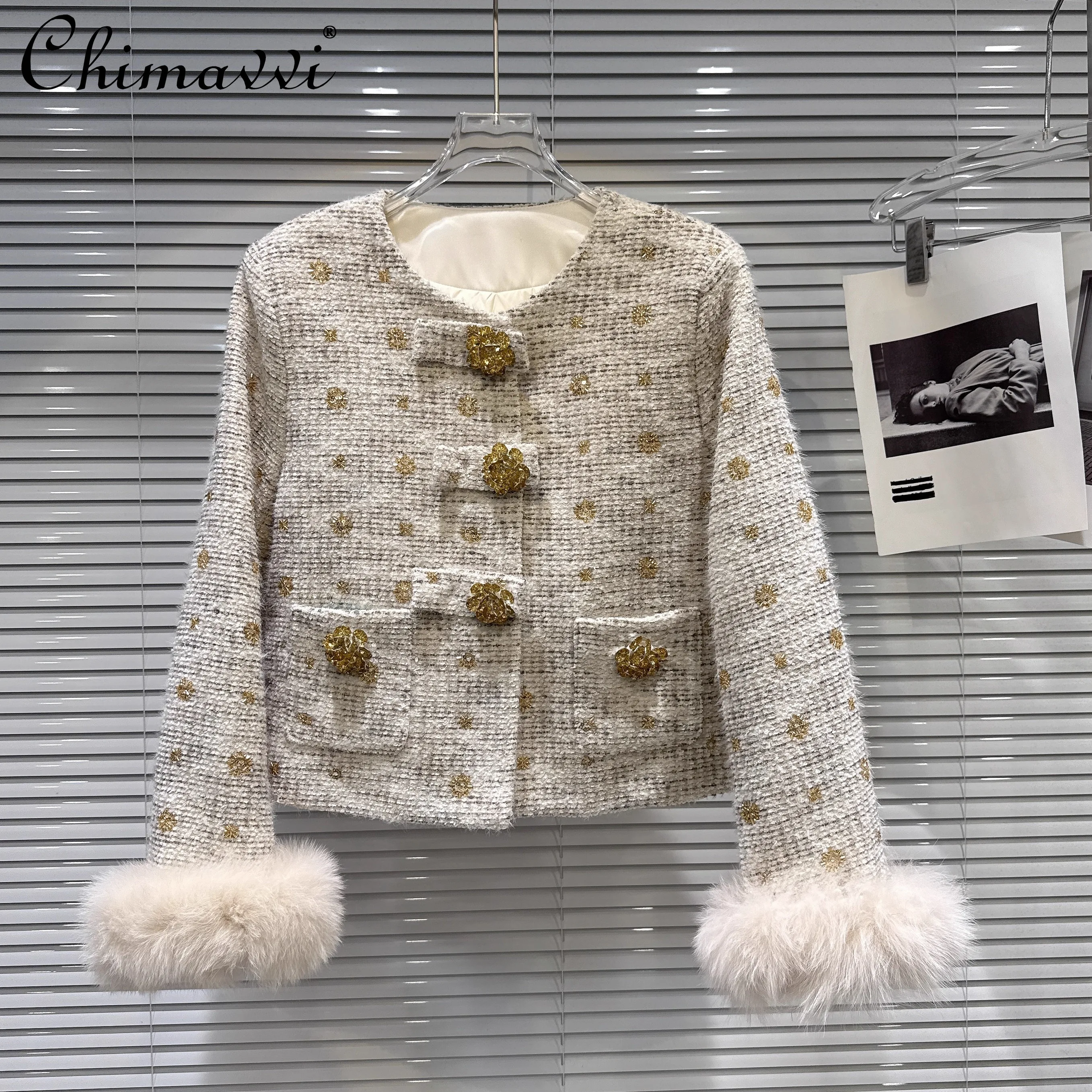

French Elegant Socialite Beaded Diamond Button Round Neck Fur Long Sleeve Versatile Down Coats Woolen Short Jacket Women Winter