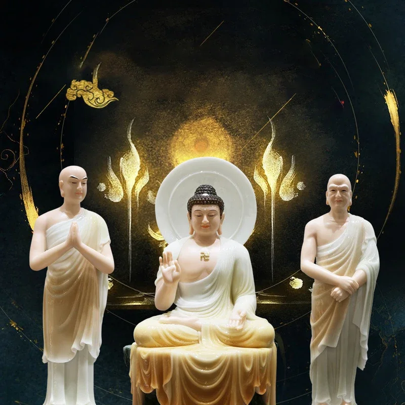 Chinese White Jade Whirlpool Three Sacred Buddha Statues Gold Crafts Guanyin Bodhisattva