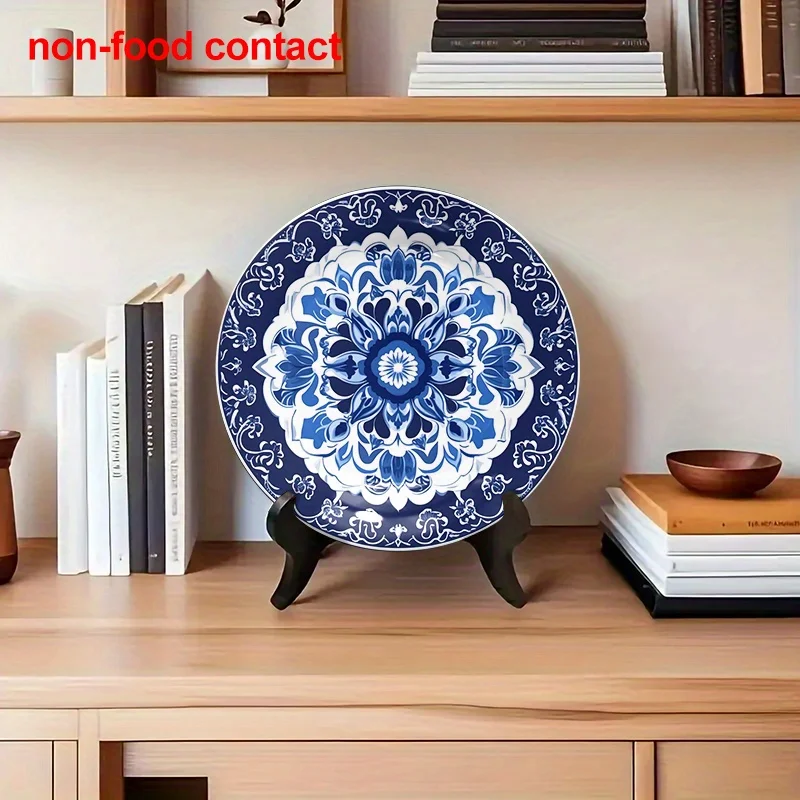 1pc 8-Inch Round Ceramic Wall Decor Plate - Blue and White Vintage Mandala Pattern, Non-Food Contact Safe for Home Decoration,