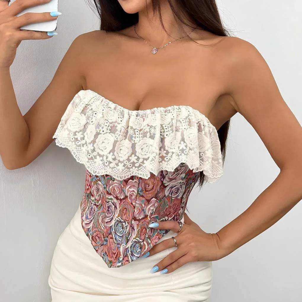 

Vintage jacquard oil painting lace-trimmed corset, French waist-cinching floral tube top, stylish and elegant wedding corset