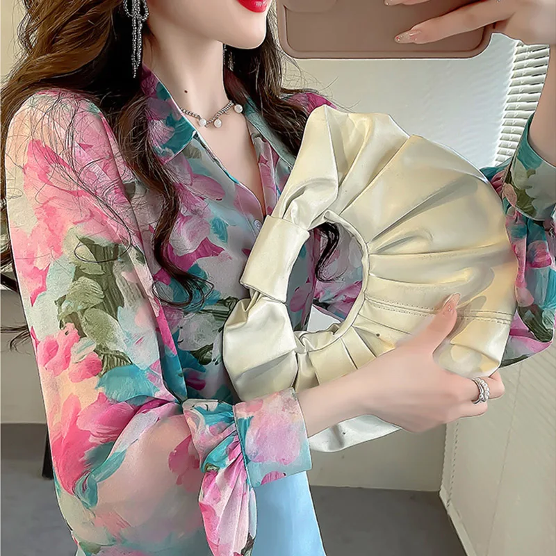 Women Clothing Korean Style Chic Print Shirts Spring Summer Elegant Fashion Polo-neck Long Sleeve Blouses Casual Loose Thin Tops