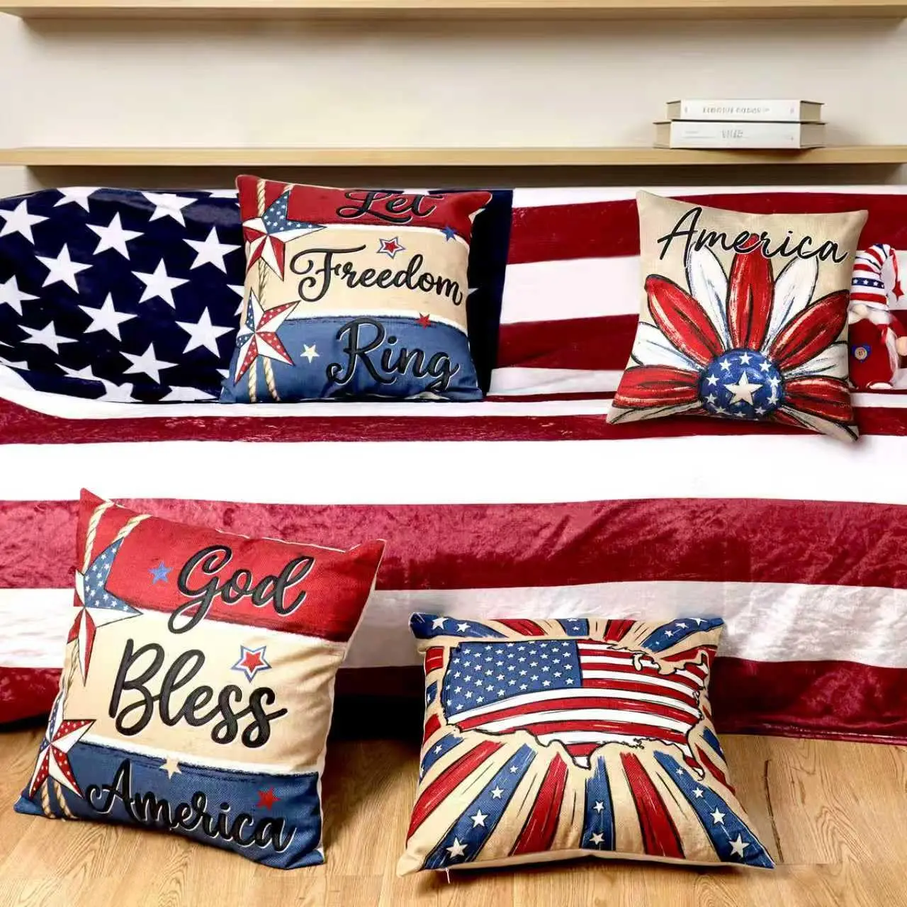 4th of July Pillow Covers 18x18 Set of 4,Red White Flower Pillow Cases Patriotic Independence Day Home Sofa Couch Throw Pillow