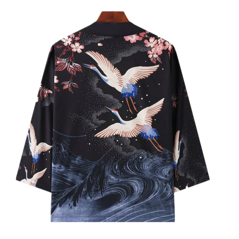 ثوب الكيمونو الياباني سترة يوكاتا الساموراي رجل إمرأة كرين طباعة قميص الشاطئ Haori Harajuku Obi النمط الصيني ملابس الشارع الآسيوية 5XL #2