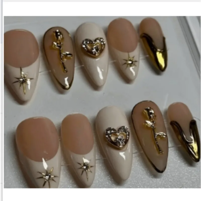 

10Pcs Handmade French Manicure Nails with Gold-Edged 3D Heart-Shaped Roses Press-On Nails Perfect for Gift To Women and Friends