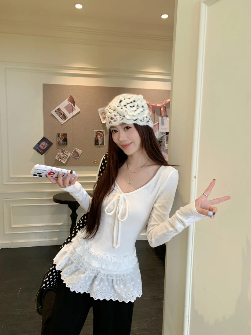 

Женская футболка Ele V-ne Long Sve, осенне-зимняя облегающая футболка с модной кружевной отделкой, повседневная одежда для поездок на работу