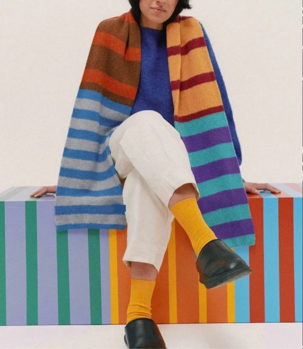 Double layered wool knitted scarf with contrasting colors, unique piano key rhythm, rainbow stripe wool long scarf